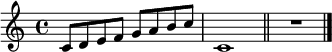 
\relative c'{
    \clef treble
    %staffkeysig
    \key c \major 
    \time 4/4
    c8 d e f g a b c 
    c,1
    \bar "||"
    R1 \bar "|." 
}
