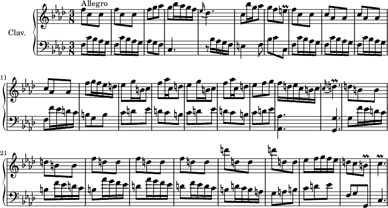 
\version "2.18.2"
\header {
  tagline = ##f
  % composer = "Domenico Scarlatti"
  % opus = "K. 186"
  % meter = "Allegro"
}

%% les petites notes
trillBq     = { \tag #'print { b8\prall } \tag #'midi { c32 b c b } }
trillCqp    = { \tag #'print { c4.\prall  } \tag #'midi { d32 c d c~ c4 } }
trillDqp    = { \tag #'print { d4.\prall  } \tag #'midi { ees32 d ees d~ d4 } }
trillEq     = { \tag #'print { e8\prall } \tag #'midi { f32 e f e } }

upper = \relative c'' {
  \clef treble 
  \key f \minor
  \time 3/8
  \tempo 4. = 76
  \set Staff.midiInstrument = #"harpsichord"
  \override TupletBracket.bracket-visibility = ##f

      s8*0^\markup{Allegro}
      \repeat unfold 2 { f8 c c } | f g aes | g bes16 aes g f | \appoggiatura ees16 des4. |
      % ms. 6
      c8 bes'16 g aes8 | g f \trillEq | f8 c c | \repeat unfold 3 { c aes aes } | 
      % ms. 12
      f'8 g16 f ees d | \repeat unfold 2 { ees8 g16 b, c8 | f aes16 c, d8 } | ees8 f g |
      % ms. 18
      f16 d ees c b c  | \appoggiatura c16 \trillDqp | \repeat unfold 2 { d8 b b } | \repeat unfold 3 { f' d d }
      % ms. 25
      \repeat unfold 2 { d'8 d, d } | ees8 f16 g f ees | d8 c \trillBq | \trillCqp 

}

lower = \relative c' {
  \clef bass
  \key f \minor
  \time 3/8
  \set Staff.midiInstrument = #"harpsichord"
  \override TupletBracket.bracket-visibility = ##f

    % ************************************** \appoggiatura a16  \repeat unfold 2 {  } \times 2/3 { }   \omit TupletNumber 
      \repeat unfold 2 { f,8 c'16 bes aes g } | aes8 g f | c4. | r8 bes'16 aes g f |
      % ms. 6
      e4 f8 | bes c c, | \repeat unfold 3 { f c'16 bes aes g } | f8 f'16 ees d c |
      % ms. 12
      b8 g b | \repeat unfold 2 { c d ees | d c b } | c d ees |
      % ms. 18
      < aes,, aes' >4. | < g g' > | g'8 f'16 ees d c | b8 f'16 ees d c | b8 aes'16 g f ees | d8 aes'16 g f ees |
      % ms. 24
      d8 f16 ees d c | b8 d16 c b a | g8 a b | c d ees | f, g g, | c4.

}

thePianoStaff = \new PianoStaff <<
    \set PianoStaff.instrumentName = #"Clav."
    \new Staff = "upper" \upper
    \new Staff = "lower" \lower
  >>

\score {
  \keepWithTag #'print \thePianoStaff
  \layout {
      #(layout-set-staff-size 17)
    \context {
      \Score
     \override SpacingSpanner.common-shortest-duration = #(ly:make-moment 1/2)
      \remove "Metronome_mark_engraver"
    }
  }
}

\score {
  \keepWithTag #'midi \thePianoStaff
  \midi { }
}
