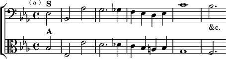 \new ChoirStaff <<
  \new Staff \relative e { \clef bass \key ees \major \time 4/4 \partial 2 \mark \markup \tiny { ( \italic a ) }
    ees2^\markup \bold "S" | bes aes' | g2. ges4 |
    f ees d ees | c'1 bes2._"&c." }
  \new Staff \relative b { \clef alto \key ees \major
    bes2^\markup \bold "A" | ees, ees' | d2. des4 |
    c bes a bes | g1 | f2. } >>