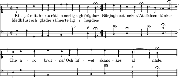 
\version "2.14.2"

% Lilypond i MediaWikis Score extension är tämligen begränsad då Lilypond körs i safe mode (lilypond -dsafe=#t)
% vilket slår av de flesta avancerade funktionerna av säkerhetsskäl. Dessutom kör svenska
% wikisource med en ganska gammal version av Lilypond (2.14) som saknar en del funktionalitet
% eller som är omöjlig att använda i safe mode.


%%% taktstreck %%%

% "divisioMaxima" = heldraget taktstreck
divMax = {
  % Egentligen vore det kanske önskvärt med divisioMaxima genom
  %    \once \override BreathingSign #'stencil = #ly:breathing-sign::divisio-maxima
  %    \once \override BreathingSign #'Y-offset = #0
  %    \breathe
  % men det fungerar inte av okänd anledning. Går inte heller att inkludera "gregorian.ly" (safe mode).
  %
  % i stället använder vi ett vanligt taktstreck. 
  \bar "|"
}

% slutstreck
divFin = {
  \bar "||"
}

%%% paper & layout %%%
\paper {
  indent=0\mm
  short-indent=0\mm
  oddFooterMarkup=##f
  oddHeaderMarkup=##f
  print-page-number=##f
}

% Vi kan inte ändra accidentalStyle manuellt. Som lösning använder vi MensuralVoice som har rätt bra inställningar.
%        \accidentalStyle "neo-modern"              % Kräver 2.15
%        #(ly:set-accidental-style 'neo-modern)  % Fungerar inte i safe mode

\layout {
  \context {
    \Score
    timing = ##f 
    \remove "Bar_number_engraver"
  }

%  \context {
%    \Staff
%    \override TimeSignature #'style = #'mensural
%    \override NoteHead #'style = #'petrucci
%  }

  % MyVoice = MensuralVoice med Petrucci NoteHeads
  \context {
    \MensuralVoice
    \name "MyVoice"
    \alias "Voice"
    \consists "Slur_engraver"
    \override NoteHead #'style = #'petrucci
    \override Rest #'style = #'mensural
%   \override Flag #'style = #'mensural   % 2.16+
    \override Stem #'flag-style = #'mensural   % 2.14
    \override Stem #'thickness = #1.7
%    \override Stem #'length = #5.5
  }

  % MyStaff = MensuralStaff, fast med taktstreck
  \context {
    \MensuralStaff
    \name "MyStaff"
    \alias "Staff"
    \denies "Voice"
    \defaultchild "MyVoice"
    \accepts "MyVoice"
    \override BarLine #'transparent = ##f
    \override StaffSymbol #'thickness = #1.0 % default
%    \override StaffSymbol #'thickness = #1.3
  }

  \context {
    \Score
    \accepts "MyStaff"
  }
}

%%% takt, tonart etc %%%

pre = {
  \time 2/2
  \key g \dorian
}

premelody = {
  \autoBeamOff
  \clef "petrucci-c1"
  \pre
}

prebass = {
  \autoBeamOff
  \clef "mensural-f"
  \pre
}

voicename = MyVoice

%%% melodi %%%

melody = \relative c' {
  \repeat volta 2 {
g'8 bes4 bes4 c4 c8 c8 d4 d4 c4 bes4 a2 g4.\fermata\divMax } 
d'8 c4 bes4 a4 a8 bes8\fermata
a4. g8 fis4 fis8\fermata\divMax
a8 bes4 bes4 c4 bes8 c8 d4 d4 c4 bes4 a4. (g8) g2\fermata\divFin
}

%%% bas %%%

bass = \relative c {
  \repeat volta 2 {
g'8 g4 g,4 a4 a4 bes2 c2^"65" d2^"#" g,4.\fermata}
g8 c2^"65" d4.\fermata bes8
c2^"65" d4.^"#"\fermata
d8 g4 g,4 a2 bes4 bes4 c2^"65" d2^"#" g,2\fermata\divFin
}

verse = \lyricmode {
 <<
{  Ei -- ja! mitt hier -- ta rätt in -- ner -- lig sigh frög -- dar/
 }
\context  Lyrics = "versRad2" { \set associatedVoice = "melody" Medh lust och glä -- die så hier -- te -- lig i hög -- den/ }


>>

När jagh be -- tänc -- ker/ At död -- sens län -- ker
The ä -- ro brut -- ne/ Och lif -- wet skänc -- kes af nåde.
}

%%%%%%%%%%%%%%%%%%%%%%%%%%%%%%%%%%%%%%%%%%%%%%%%%%%%%%%%%%%%%%%%%%%%%%%%%%%%%%

%%% png / svg %%%

\score {
  <<
    \new \voicename = "melody" { \premelody \melody }
      \new Lyrics \lyricsto "melody" { \verse }
    \new \voicename {\prebass \bass }
  >>
  \layout {}
}

%%% midi / ogg %%%

\score {
  <<
  \new Staff { \unfoldRepeats { \melody } }
  \new Staff { \unfoldRepeats { \bass } }
  >>
  \midi {
    % \tempo 60 2  % 2.16+
    \context {
      \Score
      tempoWholesPerMinute = #(ly:make-moment 60 2)
    }
    \context {
      \Staff
      midiInstrument = #"church organ"
    }
  }
}
