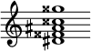 {
  % Rivin lopun pystyviiva ja tahtiosoitus piiloon.
  \override Score.BarLine.break-visibility = ##(#f #t #t)
  \override Staff.TimeSignature #'stencil = ##f
  
  <dis' fisis' ais' cisis'' gisis''>1
}
