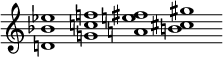 \relative c' {\clef treble \omit Staff.TimeSignature \cadenzaOn <d! bes' es>1 <g! c! f!> <a! e'! fis> <b! cis gis'>}