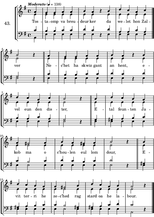 
\version "2.16.2"
\header {
  tagline = ##f
}
\score {
  \new StaffGroup <<
    \set StaffGroup.instrumentName = \markup {\huge 43.}
    \new Staff = "merc’hed" <<
      \key e \minor
      \time 4/4
      \partial 4*1
      \tempo \markup {\italic "Moderato"} 4=138
      \new Voice = "soprano" { 
        \voiceOne <<
          \autoBeamOff
          \relative c'' {
            a4 | g g a a | b a \once \override Rest #'staff-position = #0 r b | d c a c | \break
            b2 \once \override Rest #'staff-position = #0 r4 \bar "||" a4 | g g a a | b a \once \override Rest #'staff-position = #0 r b | \break
            d c a c | b2 \once \override Rest #'staff-position = #0 r4 \bar "||" b | d c b a | \break
            a gis2 a4 | b a gis a | b2 \once \override Rest #'staff-position = #0 r4 \bar "||" b4 | \break
            d4 c b a | a gis2 b4 | d c a b | a2 \once \override Rest #'staff-position = #0 r4 \bar "|."
            \bar "|."
      } >> } 
      \new Voice = "alto" {  
        \voiceTwo <<
          \autoBeamOff
          \relative c' {
            e4 | e e e e | e e s e | e e e e | \break
            e2 s4 \bar "||" e | e e e e | e e s e | \break
            e e e e | e2 s4 \bar "||" e4 | e e e e | \break
            e e2 e4 | e e e e | e2 s4 \bar "||" e4 | \break
            e e e e | e e2 e4 | e e e e | e2 s4 \bar "|."
      } >> }
    >>
    \new Lyrics 
    \lyricsto "soprano" {
      Tos -- ta -- omp va breu -- deur ker da we -- let hon Zal -- ver
      Ne -- c’het ha skwiz gant an hent, e -- vel eun den dis -- ter,
      E -- tal feun -- ten Ja -- kob ma o c’hou -- len eul lom dour,
      E -- vit ter -- ri he ze -- c’hed rag stard oa he la -- bour.
    }
    \new Staff = "paotred" <<
      \clef bass
      \key e \minor
      \time 4/4
      \autoBeamOff
      \new Voice = "tenor" { 
        \voiceOne <<
          \autoBeamOff
          \relative c' {
            c4 | b b c c | d c \once \override Rest #'staff-position = #0 r d | a a c a | \break
            \bar "|."
            g2 \once \override Rest #'staff-position = #0 r4 \bar "||" c4 | b b c c | d c \once \override Rest #'staff-position = #0 r d | \break
            b a c a | g2 \once \override Rest #'staff-position = #0 r4 \bar "||" g | gis a b c | \break
            c b2 c4 | d c b c | d2 \once \override Rest #'staff-position = #0 r4 \bar "||" gis,4 | \break
            gis a b c | c b2 gis4 | gis a c d | c2 \once \override Rest #'staff-position = #0 r4 \bar "|."
            \bar "|."
      } >> }
      \new Voice = "bass" { 
        \voiceTwo <<
          \autoBeamOff
          \relative c {
            a4 | e' e e e | e e s e | e e e e| \break
            e2 s4 \bar "||" e | e e e e | e e s e | \break
            e e e e | e2 s4 \bar "||" e4 | e e e e | \break
            e e2 e4 | e e e e | e2 s4 \bar "||" e4 | \break
            e e e e | e e2 e4 | e e e e | a,2 s4 \bar "|."
      } >> }
    >>
  >>
  \layout { 
%  indent = #10
  line-width = #160
  }
  \midi {}
}
