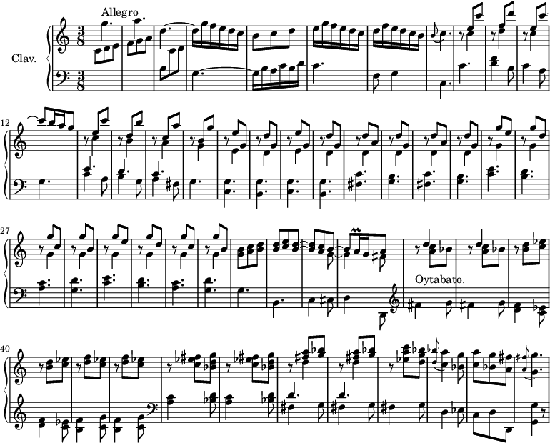 
\version "2.18.2"
\header {
 tagline = ##f
 % composer = "Domenico Scarlatti"
 % opus = "K. 255"
 % meter = "Allegro"
}

%% les petites notes
trillAqq = { \tag #'print { a16\prall } \tag #'midi { \times 2/3 { a32 b a } } }
appoBC = { \tag #'print { \appoggiatura b8 c4. } \tag #'midi { b4 \tempo 4. = 30 c8 \tempo 4. = 76 } }
appoAFisGG = { \tag #'print { \appoggiatura < a fis' >8 < g g' >4. } \tag #'midi { < a fis' >4 \tempo 4. = 30 < g g' >8 \tempo 4. = 76 } }
rallFis = { \tag #'print { fis''4^\markup{Oytabato.} g8 } \tag #'midi { \tempo 4. = 30 fis8~ \tempo 4. = 76 fis8 g8 } }

upper = \relative c'' {
 \clef treble 
 \key c \major
 \time 3/8
 \tempo 4. = 76
 \set Staff.midiInstrument = #"harpsichord"
 \override TupletBracket.bracket-visibility = ##f

 s8*0^\markup{Allegro}
 g'4. | a | d,4.~ | d16 g f e d c | b8 c d | e16 g f e d c |
 % ms. 7
 d f e d c b | \appoBC | 
 << { s8 e8 c' | s8 f,8 d' | s8 e,8 c'~ | c b16 a g8 } 
 \\ { b,8\rest c4 | b8\rest d4 | b8\rest c4 } >>

 % ms. 13
 << { s8 e8 c' | s8 d,8 b' |
 % ms. 15
 s8 c,8 a' | s8 b, g' | \repeat unfold 2 { s8 e8 g, | s8 d' g, } | \repeat unfold 2 { s8 d'8 a | s8 d8 g, } } 
 \\ % voix deux ms. 13 :
 { b8\rest c4 | b8\rest b4 | b8\rest a4 | b8\rest g4 | \repeat unfold 2 { b8\rest e,4 | b'8\rest d,4 } | \repeat unfold 4 { b'8\rest d,4 } } >> 
 % ms. 25
 << { \repeat unfold 2 { s8 g'8 e | s8 g8 d | s8 g8 c, | s8 g'8 b, } } 
 \\ { \repeat unfold 8 { b8\rest g4 } } >>
 % ms. 33
 < g b >8 < a c > < b d > | << { q < c e > < b d >~ | q < a c > b8~ | b8 \trillAqq g16 a8 } \\ { s4. s4 g8~ | g4 fis8 } >> | \repeat unfold 2 { r8 << { d'4 } \\ { < a c >8 bes } >> }
 % ms. 39
 \repeat unfold 2 { r8 < b d >8 < c ees > } | \repeat unfold 2 { r8 < d f >8 < c ees > } | \repeat unfold 2 { r8 < c ees fis >8 < bes d g > } | 
 % ms. 45
 \repeat unfold 2 { r8 << { < fis' a > < g bes > } \\ { d4 } >> } | r8 < ees a c >8 < d g bes > | \appoggiatura < d bes' >8 < c a' >4 < bes g' >8 | < c a' >8 < bes g' > < a fis' > \appoAFisGG |
 % ms. 53
 
 % ms. 60
 
 % ms. 67
 
 % ms. 74
 

}

lower = \relative c' {
 \clef bass
 \key c \major
 \time 3/8
 \set Staff.midiInstrument = #"harpsichord"
 \override TupletBracket.bracket-visibility = ##f

 % ************************************** \appoggiatura a16 \repeat unfold 2 { } \times 2/3 { } \omit TupletNumber 
 \stemDown \change Staff = "upper" c8 d e | f g a | \change Staff = "lower" b, \change Staff = "upper" c d | \change Staff = "lower" g,4.~ | g16 b a c b d | c4. |
 % ms. 7
 f,8 g4 | c,4. | c' | < d f >4 b8 | c4 a8 | g4. | << { e'4. d c } \\ { c4 a8 | b4 g8 | a4 fis8 } >>
 % ms. 16
 g4. \repeat unfold 2 { < c, g' > < b g' > } | \repeat unfold 2 { < fis' c' > < g b > } |
 % ms. 25
 \repeat unfold 2 { < c e >4. < b d > < a c > < g d' > }
 % ms. 33
 g4. b, c4 cis8 | d4 d,8 \clef treble | \rallFis | fis4 g8 |
 % ms. 39
 \repeat unfold 2 { < d f >4 < c ees >8 } | \repeat unfold 2 { < b f' >4 < c g' >8 } | \clef bass \repeat unfold 2 { < a c >4 < bes d >8 } |
 % ms. 45
 \repeat unfold 2 { << { d4. } \\ { fis,4 g8 } >> } | fis4 g8 | d4 ees8 | c d d, | < g g' >4 r8 | 
 % ms. 53
 
 % ms. 60
 
 % ms. 67
 
 % ms. 74
 

}

thePianoStaff = \new PianoStaff <<
 \set PianoStaff.instrumentName = #"Clav."
 \new Staff = "upper" \upper
 \new Staff = "lower" \lower
 >>

\score {
 \keepWithTag #'print \thePianoStaff
 \layout {
 #(layout-set-staff-size 17)
 \context {
 \Score
 \override SpacingSpanner.common-shortest-duration = #(ly:make-moment 1/2)
 \remove "Metronome_mark_engraver"
 }
 }
}

\score {
 \keepWithTag #'midi \thePianoStaff
 \midi { }
}
