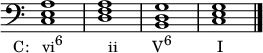 
{ \override Score.TimeSignature #'stencil = ##f \relative c { \clef bass \time 4/4 <ce a>1_\markup { \concat { \translate #'(-4 .0) { "C: vi" \raise #1 \small "6" \hspace #6.5 "ii" \hspace #5 "D" \raise #1 \small "6" \hspace #6.5 "I" } } } <df a> <bd g> <ce g> \bar "|."  } }
