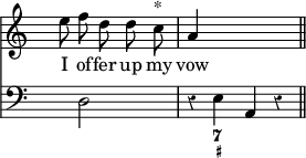 { \override Score.TimeSignature #'stencil = ##f \override Score.Rest #'style = #'classical \partial 2. << \relative e'' { s8 \autoBeamOff e f d d c^"*" a4 s2. } \addlyrics { I of -- fer up my vow } \new Staff { \clef bass s4 d2 r4 e a, r \bar "||" } \figures { < _ >4 < _ >2. <7 _+>4 } >> }