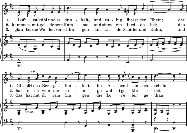 { \override Score.TimeSignature #'stencil = ##f
\override Score.BarNumber #'stencil = ##f %% Suppress bar numbering
<< \new Staff << \time 6/8 \key d \major 
  \new Voice = "first" { \voiceOne \relative e' { \autoBeamOff \mergeDifferentlyDottedOn
    e8.[ fis16] e8 a e e | \stemDown cis'4. b4 b8 |
    \stemUp a4 a8 gis8[ a] b | a4.^\< _~ a4\!^\> a8\! |
    a8. \stemDown b16^\markup { \italic cresc. } \stemUp a8 \stemDown d[ cis] b | \stemUp a4( \stemDown fis'8) e4 e8 |
    \stemUp d4 d8 \appoggiatura {\slurDown d8} \stemDown cis[ b] cis | d4. ~ d8 r \bar "|." } }

  \new Voice = "second" { \voiceTwo \relative e' { \autoBeamOff
    e8. fis16 e8 s4. | s2. | s4. g8 a s | s2.*3
    d8. d16 d8 } }
>>

\new Lyrics \lyricsto "first" { \set stanza = #"1. " Luft ist kühl und es dun -- kelt, und ru -- hig fliesst der Rhein; der
\set stanza = #"1. " Gi -- pfel des Ber -- ges fun -- kelt im A -- bend son -- nen -- schein. }

\new Lyrics \lyricsto "second" { \set stanza = #"2. " kämmt es \set associatedVoice = #"first" mit gol -- de -- nem Kam -- me und singt ein Lied da -- bei; das
\set stanza = #"2. " hat ei -- ne wun -- der -- sa -- me \set associatedVoice = #"second" ge -- wal -- ti -- \set associatedVoice = #"first" ge Me -- lo -- dei. }

\new Lyrics \lyricsto "second" { \set stanza = #"3. " glau -- be, \set associatedVoice = #"first" die Wel -- len ver -- schlin -- gen am En -- \set associatedVoice = #"second" de Schif -- \set associatedVoice = #"first" fer und Kahn; und
\set stanza = #"3. " das hat mit ih -- rem Sin -- gen die Lo -- re -- lei ge -- than. }

\new PianoStaff << \new Staff { \key d \major \relative c' {
    cis8( a e) cis' a e | e' cis a fis' b, d |
    cis a cis b( cis d) | cis\< <cis e>( <d fis>\! <e g>\> <d fis> <cis e>\!) |
    <a fis> d_\markup { \italic cresc. } fis <b, g> d g |
    <a, fis> d fis g, b <e g> |
    fis, a <d fis> g, a <cis e> | <d fis,> a fis r r } }

\new Staff { \clef bass \key d \major \relative a, {
    <a a,>2. | a4 r8 d4 r8 | e4 r8 e,4 r8 | a2. 
    <d d,>2. | d4 r8 g,4 r8 | a4 r8 <a a,>4 r8 |
    << { r4 r8 d4 } \\ { d,4. ~ d4 } >> } }
>> >> }