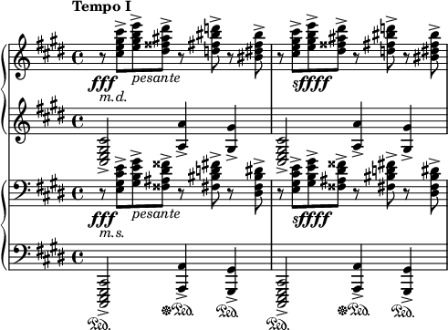  {
#(set-global-staff-size 14)
<<
\new PianoStaff <<
\new Staff <<
\relative c'' { \time 4/4 \clef treble \key cis \minor \tempo "Tempo I" \set Staff.extraNatural = ##f r8\fff _\markup {\left-align \italic m.d.} <cis e gis cis>-> <e gis b e>->_\markup { \italic pesante} <dis fisis ais dis>-> r <d fis bis d>-> r <bis dis fis bis>-> r <cis e gis cis>->_\markup {\dynamic sffff} <e gis b e>-> <dis fisis ais dis>-> r <d fis bis d>-> r <bis dis fis bis>->}
>> 
\new Staff <<
\relative c { \time 4/4 \clef treble \key cis \minor <cis e gis cis>2-> <a' a'>4-> <gis gis'>-> <cis, e gis cis>2-> <a' a'>4-> <gis gis'>->}
>> 
>>

\new PianoStaff <<
\new Staff <<
\relative c { \time 4/4 \clef bass \key cis \minor \set Staff.extraNatural = ##f r8\fff _\markup {\left-align \italic m.s.} <e gis cis e>-> <gis b e gis>->_\markup { \italic pesante} <fisis ais dis fisis>-> r <fis bis d fis>-> r <dis fis bis dis>-> r <e gis cis e>->_\markup {\dynamic sffff} <gis b e gis>-> <fisis ais dis fisis>-> r <fis bis d fis>-> r <dis fis bis dis>->}
>> 
\new Staff <<
\relative c,, { \time 4/4 \clef bass \key cis \minor <cis e gis cis>2->\sustainOn <a' a'>4-> \sustainOff \sustainOn <gis gis'>->\sustainOn <cis, e gis cis>2-> \sustainOn <a' a'>4->\sustainOff \sustainOn <gis gis'>->\sustainOn}
>>
>>
>>
} 