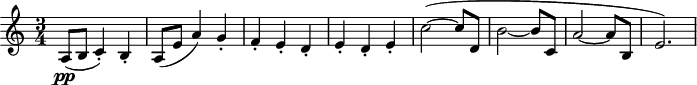 
\header {
 tagline = ##f
}

\score {
 \new Staff \with {

 }
<<
 \relative c'' {
 \clef treble
 \key c \major
 \time 3/4
 \tempo 4 = 135
 \override TupletBracket #'bracket-visibility = ##f
 %\autoBeamOff
 \set Staff.midiInstrument = #"string ensemble 1"

 %%% AB 7-3 th1
 a,8\pp( b c4-.) b-. a8( e' a4) g-. f-. e-. d-. e-. d-. e-. c'2~( c8 d, b'2~ b8 c, a'2~ a8 b, e2.)

 }
>>
 \layout {
 \context { \Score \remove "Metronome_mark_engraver"
 }
 }
 \midi {}
}
