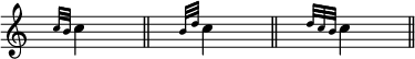 
\language "italiano"
\score {
  \relative do'' {
    \time 4/8
    s8 \grace { do32 si } do4 s8 \bar "||" s8 \grace { si32 re } do4 s8 \bar "||" s8 \grace { re32 do si } do4 s8 \bar "||"
  }
  \layout {
    \context { \Staff \RemoveEmptyStaves \remove Time_signature_engraver }
        \context { \Score
               \override SpacingSpanner.base-shortest-duration = #(ly:make-moment 1/32)
    }
    indent = 0\cm
    line-width = #120
    \override Score.BarNumber #'stencil = ##f
  }
}
\header { tagline = ##f}
