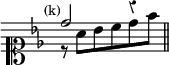 { \relative d'' { \clef soprano \key bes \major \override Score.TimeSignature #'stencil = ##f \override Score.Rest #'style = #'classical \mark \markup \small "(k)"
 << { d2 r4 } \\
    { r8 a[ bes c d f] } >> \bar "||" } }