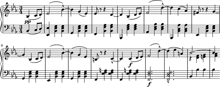 
 \relative b' {
 \new PianoStaff <<
  \new Staff { \key c \minor \time 3/4 \partial 2 \set Score.tempoHideNote = ##t \tempo "" 2. = 52
  {
  bes,( c8 d) ees2( bes'4-^~) bes g( ees) ees8 r r4 d4 ~ d bes( d8 ees) f2( d'4-^~) d c( aes) fis8 r r4 g4~ g bes,( c8 d) ees2( bes'4-^~) bes( g ees) b8 r r4 c4-^~ c c\f( d8 ees) f2( d'4-^~) d4( ees a,)
<< {bes2.~ bes4}
\\
{r4 <f d>4 <g e> <aes f>}
>>
  }
  }
  \new Dynamics {
  s\pp
  }
  \new Staff { \key c \minor \time 3/4 \clef bass \partial 2
  bes,,4( c8 d) <ees ees,>4 <bes ees g> <bes ees g> g <bes ees g> <bes ees g> f <bes f' aes> <bes f' aes> bes, <d' f aes> <d f aes> aes <d f bes> <d f bes> bes, <bes' d aes'> <bes d aes'> ees, <bes' ees g> <bes ees g> g <bes ees g> <bes ees g> ees, <bes' ees g> <bes ees g> g <bes ees g> <bes ees g> f <es' f a> <es f a> f, <es' f a> <es f a> <f, d' f>2.\f <f c' ees f>2.-^ bes4 bes' bes bes
  }
 >>
 }
