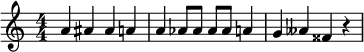 {\numericTimeSignature 
\relative c'' { a ais ais a a as8 as as as a4 g aeses fisis r }}