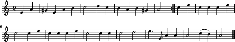 
\relative c' {
  \override Rest #'style = #'classical
  \key a \minor
  \override Staff.TimeSignature #'style = #'single-digit
  \time 2/2
  \partial 2
  \repeat volta 2 {
    e a
    gis e a b
    c2 d4 c
    b a b gis
    a2
  } c4 e
  c c c e
  c2 c4 e

  %tourne

  c c c e
  c2 c4 c
  c2 d
  e4. e,8 a4 a
  a2 c4( b) a2
  \bar "|."
}
\midi {
  \context {
    \Score
    tempoWholesPerMinute = #(ly:make-moment 100 2)
  }
}
