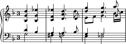 
\language "italiano"
porteeA = \relative do'' {
  \override Staff.TimeSignature.style = #'single-digit
  \autoBeamOff \partial 2 <re sol, sib,>4 <mib sol, sib,> | 
  <mib fa, do> <re la re,>4. << { \stemDown re8 } \\ { \stemUp re,8 } >> | 
  << { <sol' re>4 <sol do,>4. } \\ { mi,8[ fa] sol4. } >> << { la'8 } \\ { sib,16[ do] } \\ { sol8 } >> | 
}
porteeB = \relative do' {
  \override Staff.TimeSignature.style = #'single-digit
  \partial 2 << { re4 sib } \\ { sol2 } >> | 
  << { la4 la4. sib8 | sol4 sol2 } \\ { fad4 fa2 | mi4 mib2 } >> | 
}
\score {
  \new PianoStaff <<
    \new Staff = "mel" <<
      \clef "treble" \key fa \major \time 3/4
      \new Voice = "mel"  { \porteeA }
    >>
    \new Staff = "mel" <<
      \clef "bass" \key fa \major \time 3/4
      \new Voice = "mel"  { \porteeB }
    >>
  >>
  \layout {
    \context { \Staff \RemoveEmptyStaves }
    indent = 0\cm
    line-width = #120
    \override Score.BarNumber #'stencil = ##f
  }
  \midi { }
}
\header { tagline = ##f}
