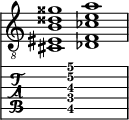  
<<
  %\override Score.BarLine.break-visibility = ##(#f #t #t)
  \time 2/1
    \new Staff  {
    \clef "treble_8"
        \once \override Staff.TimeSignature #'stencil = ##f
        < cis eis b disis' gisis'>1 | < des f ces' e' a'>1 |
    }

     \new TabStaff {
       \override Stem #'transparent = ##t
       \override Beam #'transparent = ##t 
      s2 < cis\5 f\4 b\3 e'\2 a'\1>1 s2
  }
>>
