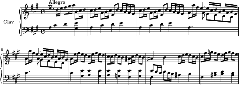 
\version "2.18.2"
\header {
  tagline = ##f
  % composer = "Domenico Scarlatti"
  % opus = "K. 301"
  % meter = "Allegro"
}
%% les petites notes
trillEp     = { \tag #'print { e4.\prall } \tag #'midi { fis32 e fis e fis e~ e16~ e8 } }
upper = \relative c'' {
  \clef treble 
  \key a \major
  \time 4/4
  \tempo 4 = 100
  \set Staff.midiInstrument = #"harpsichord"
  \override TupletBracket.bracket-visibility = ##f
      s8*0^\markup{Allegro}
      \trillEp d16 e fis8 gis16 a b,8 cis16 d | \repeat unfold 2 { cis8 d16 e a,8 b16 cis fis,8 d' cis16 b a gis } | 
      % ms. 4
      \repeat unfold 2 { a8 a'16 fis \stemUp e4^~ e16 cis d b cis a b gis  \stemDown } |  \stemNeutral a8 \repeat unfold 2 { e'16 fis e8 d cis } 
      % ms. 7 suite
      cis16 d cis8 b ais cis16 d cis8 b | ais4 b cis8 d16 e d8 cis16 b | cis8 fis16 g fis8 e d fis16 g fis8 e |
      % ms. 16
      
      % ms. 21
      
}
lower = \relative c' {
  \clef bass
  \key a \major
  \time 4/4
  \set Staff.midiInstrument = #"harpsichord"
  \override TupletBracket.bracket-visibility = ##f
    % ************************************** \appoggiatura \repeat unfold 2 {  } \times 2/3 { }
      a4 cis d < gis, e' > | \repeat unfold 2 { a4 cis d e }
      % ms. 4
      a,4. \stemDown \change Staff = "upper"  a'8 gis fis e d \change Staff = "lower" | cis4. \stemDown \change Staff = "upper" a'8 gis fis e d | \stemNeutral \change Staff = "lower" cis4 \repeat unfold 2 { < gis e' > < a e' > } 
      % ms. 7 suite
      < g e' >4 < fis e' > < g e' > | << { e'8 d16 cis } \\ { fis,4 } >> d'8 cis16 b ais4 b | fis4 < ais cis >4 < b d > < ais cis > |
      % ms. 10
      
      % ms. 13
      
}
thePianoStaff = \new PianoStaff <<
    \set PianoStaff.instrumentName = #"Clav."
    \new Staff = "upper" \upper
    \new Staff = "lower" \lower
  >>
\score {
  \keepWithTag #'print \thePianoStaff
  \layout {
      #(layout-set-staff-size 17)
    \context {
      \Score
     \override SpacingSpanner.common-shortest-duration = #(ly:make-moment 1/2)
      \remove "Metronome_mark_engraver"
    }
  }
}
\score {
  \keepWithTag #'midi \thePianoStaff
  \midi { }
}
