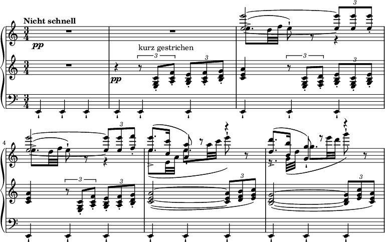 
{ \new PianoStaff <<
 \new Staff <<
 \set Score.tempoHideNote = ##t \new Voice \tempo "Nicht schnell" 4 = 120 \relative e'' {
 \clef "treble" \key a \minor \stemUp \set Staff.midiInstrument = #"piano" \time 3/4 | % 1
 s1. \pp | % 3
 <e e'>2 ~ ~ \once \override TupletBracket #'stencil = ##f
 \times 2/3 {
 <e e'>8 -! <e e'>8 <e e'>8 -.
 }
 | % 4
 <e e'>2 ~ ~ \once \override TupletBracket #'stencil = ##f
 \times 2/3 {
 <e e'>8 -! <e e'>8 <f f'>8 -.
 }
 | % 5
 <e e'>8. ^( -> <c c'>16 <a a'>8 ) -! r8 r4 | % 6
 <d d'>8. ^( -> <b b'>16 <g g'>8 ) -! r8 r4 }
 \relative e'' {
 \clef "treble" \key a \minor \stemDown \time 3/4 | % 1
 R2.*2 | % 3
 e8. ( -> d32 f32 e8 ) -! r8 r4
 | % 4
 e8. ( -> d32 f32 e8 ) -! r8 r4 | % 5
 e8. _( e,32 a32 e'8. a32 c32 e8 ) -! r8 | % 6
 r8. g,,32 _( d'32 g8. e'32 d32 g8 ) -! r8 } >>
\new Staff \relative e { \set Staff.midiInstrument = #"piano" \key a \minor \clef treble \time 3/4
 R2. | % 2
 r4 \pp \times 2/3 {
 r8 ^"kurz gestrichen" <e g c>8 -. <a c f>8 -.
 }
 \once \override TupletBracket #'stencil = ##f
 \times 2/3 {
 <g b e>8 -. <a c f>8 -. <b d g>8 -.
 }
 | % 3
 <c e a>4 \times 2/3 {
 r8 <e, g c>8 -. <f a d>8 -.
 }
 \once \override TupletBracket #'stencil = ##f
 \times 2/3 {
 <g b e>8 -. <e g c>8 -. <g b e>8 -.
 }
 | % 4
 <c e a>4 \times 2/3 {
 r8 <e, g c>8 -. <a c f>8 -.
 }
 \once \override TupletBracket #'stencil = ##f
 \times 2/3 {
 <g b e>8 -. <a c f>8 -. <b d g>8 -.
 }
 | % 5
 <c e a>2 ( ~ ~ ~ \once \override TupletBracket #'stencil = ##f
 \times 2/3 {
 <c e a>8 <d f b>8 <e g c>8 )
 }
 | % 6
 <b d g>2 ( ~ ~ ~ \once \override TupletBracket #'stencil = ##f
 \times 2/3 {
 <b d g>8 <e g c>8 <c e a>8 )
 } }
\new Staff \relative e, { \set Staff.midiInstrument = #"piano" \key a \minor \clef bass \time 3/4
 e4 -! e4 -! e4 -! | % 2
 e4 -! e4 -! e4 -! | % 3
 e4 -! e4 -! e4 -! | % 4
 e4 -! e4 -! e4 -! | % 5
 e4 -! e4 -! e4 -! | % 6
 e4 -! e4 -! e4 -! }
>> }
