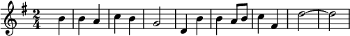 {\ toets g \ majeur \ tijd 2/4 \ skip4 b'4 b 'a' c '' b 'g'2 d'4 b' b 'a'8 b' c''4 fis' d''2 ~ d ''}