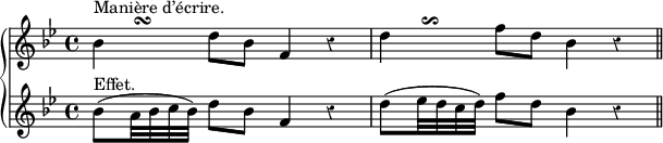 
\new GrandStaff \with {
  \remove Span_bar_engraver
} <<
  \new Voice = "manière d’écrire" \relative c'' {
    \override Rest #'style = #'classical
    \key bes\major
    bes4^\markup {\halign #-6 \musicglyph #"scripts.turn" }^"Manière d’écrire." d8 bes f4 r
    d'4^\markup {\halign #-6 \musicglyph #"scripts.reverseturn" } f8 d bes4 r
    \bar "||"
  }
  \new Voice = "effet" \relative c'' {
    \override Rest #'style = #'classical
    \key bes\major
    bes8(^"Effet." a32 bes c bes) d8 bes f4 r
    d'8( es32 d c d) f8 d bes4 r
    \bar "||"
  }
>>
