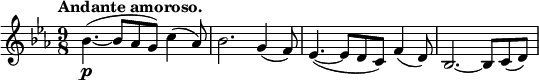 
\relative c'' {
 \key es \major \time 9/8 \set Score.tempoHideNote = ##t \tempo "Andante amoroso." 8=120
 bes4.\p ( ~ bes8 aes g) c4( aes8) bes2. g4( f8) es4.( ~ es8 d c) f4( d8) bes2.~ bes8 c( d)
}
