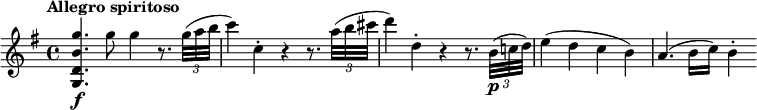 \relative c''' {  \override Score.NonMusicalPaperColumn #'line-break-permission = ##f  \version "2.18.2"  \tempo "Allegro spiritoso"  \key g \major  \tempo 4 = 120  <g b, d, g,>4.\f g8 g4 r8. \times 2/3 { g32( a b } |  c4) c,-. r r8. \times 2/3 { a'32( b cis } |  d4) d,-. r r8. \times 2/3 { b32(\p c! d) } |  e4( d c b) |  a4.( b16 c) b4-.}