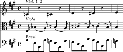 { \override Score.Rest #'style = #'classical \time 4/4 \key a \major << \relative c' { c4^\markup { \smaller { \italic Viol. 1, 2 } } r cis r | d r dis r | e }
\new Staff { \clef alto \key a \major \relative e { e8^\markup { \smaller \italic Viola } bes'4( a8) r bes4( a8) | r c4( b8) r c4( b8) | b4 } }
\new Staff { \clef bass \key a \major \relative a { a8^\markup { \smaller \italic Bassi } e a, a' g e a, g' | fis d b b' a fis b, a' | g4 } } >> }