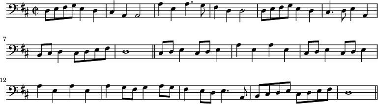 
\header {
  tagline = ""  %% removes "Music engraving by LilyPond 2.18.2—www.lilypond.org" footer, which unsurprisingly was not in the 1651 ed.
}

\new Staff { \time 2/2 \key d \major \clef bass 
  \relative c'' { 
     d,,8 e8 fis8 g8 e4 d4 cis4 a4 a2 | a'4 e4 a4. g8 fis4 d4 d2 | d8 e8 fis8 g8 e4 d4 cis4. d8 e4 a,4 | b8 cis8 d4 cis8 d8 e8 fis8 d1 \bar "||" cis8 d8 e4 cis8 d8 e4 a4 e4 a4 e4 cis8 d8 e4 cis8 d8 e4 a4 e4 a4 e4 a4 g8 fis8 g4 a8 g8 fis4 e8 d8 e4. | a,8 b8 cis8 d8 e8 cis8 d8 e8 fis8 d1  \bar "||"
  }
}
  \midi { \tempo 2 = 69  \set Staff.midiInstrument = "cello" }
  %%please feel free to change instrument to something else, see https://lilypond.org/doc/v2.21/Documentation/notation/midi-instruments
  \layout { }
