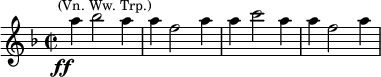  \relative c''' {\time 2/2 \key f \major \set Score.tempoHideNote = ##t \tempo "" 2 = 92 a4_\markup{\right-align \dynamic ff}^\markup{\center-align\smaller {(Vn. Ww. Trp.)}} bes2 a4 a f2 a4 a c2 a4 a f2 a4} 