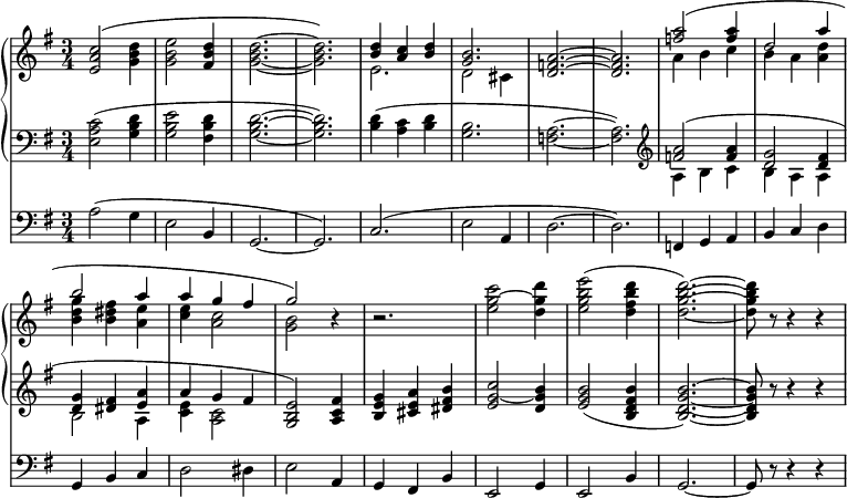 
<<
\new PianoStaff <<
\new Staff = "up"
\relative c'' {
\set Staff.midiInstrument = #"church organ"
\time 3/4
  \override TupletBracket #'stencil = ##f
  \override Score.BarNumber #'stencil = ##f
\set Score.tempoHideNote = ##t \tempo 4 = 100
\key g \major
\bar " "
%Takt 1-8
<e, a c>2( <g b d>4 | <g b e>2 <fis b d>4 | <g b d>2.~ |<g b d>)
%Takt 9-13
<<
{<b d>4 <a c> <b d> | <g b>2. | <d f a>2.~ | <d f a> | <f' a>2( <f a>4 | d2 a'4 | b2 a4 | a g fis | g2) }
\\
{e,2. |d2 cis4 | s2. | s | a'4 b c | b a <a d> | <b d g> <b dis fis> <a e'> | <c e> <a c>2 | <g b>}
>>
%Takt 13-
r4 | r2. | <e' g c>2~ <d g d'>4 | <e g b e>2( <d fis b d>4 |<d g b d>2.~) |<d g b d>8 r r4 r4 |
 }
%Venstre hånd hånd*************************************
\new Staff = "down" \relative c {
\set Staff.midiInstrument = #"church organ"
\key g\major
  \override TupletBracket #'stencil = ##f
  \override Score.BarNumber #'stencil = ##f
\clef bass
%Takt 1-8
<e a c>2( <g b d>4 |<g b e>2 <fis b d>4 | <g b d>2.~ |<g b d>) |<b d>4( <a c> <b d> | <g b>2. | <f a>~ |<f a>)
%Takt 9-13
\clef treble
<< {<f' a>2( <f a>4 |<d g>2 <d fis>4 | <d g> <dis fis> <e a> | a g fis| <g, b e>2) <a c fis>4 | }
\\
{a4 b c | b a a | b2 a4 | <c e> <a c>2}
>>
%Takt 14-
<b e g>4 <cis e a> <dis fis b> | <e g c>2~ <d g b>4 | <e g b>2( <b d fis b>4 | <b d g b>2.~) |<b d g b>8 r8 r4 r
} >>
%Pedal*************************************
\new Staff = "down" \relative c {
\set Staff.midiInstrument = #"church organ"
\key g\major
  \override Score.BarNumber #'stencil = ##f
\clef bass
%Takt 1
a'2( g4 | e2 b4 | g2.~ | g) | c( | e2 a,4 | d2.~ | d) | f,4 g a | b c d | g, b c | d2 dis4 | e2 a,4 | g fis b | e,2 g4 | e2 b'4 | g2.~ |g8 r8 r4 r
}
 >>