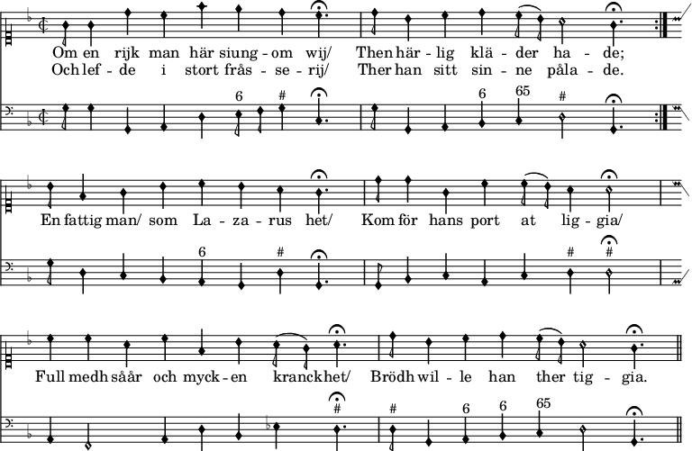 
\version "2.14.2"

% Lilypond i MediaWikis Score extension är tämligen begränsad då Lilypond körs i safe mode (lilypond -dsafe=#t)
% vilket slår av de flesta avancerade funktionerna av säkerhetsskäl. Dessutom kör svenska
% wikisource med en ganska gammal version av Lilypond (2.14) som saknar en del funktionalitet
% eller som är omöjlig att använda i safe mode.


%%% taktstreck %%%

% "divisioMaxima" = heldraget taktstreck
divMax = {
  % Egentligen vore det kanske önskvärt med divisioMaxima genom
  %    \once \override BreathingSign #'stencil = #ly:breathing-sign::divisio-maxima
  %    \once \override BreathingSign #'Y-offset = #0
  %    \breathe
  % men det fungerar inte av okänd anledning. Går inte heller att inkludera "gregorian.ly" (safe mode).
  %
  % i stället använder vi ett vanligt taktstreck. 
  \bar "|"
}

% slutstreck
divFin = {
  \bar "||"
}

%%% paper & layout %%%
\paper {
  indent=0\mm
  short-indent=0\mm
  oddFooterMarkup=##f
  oddHeaderMarkup=##f
  print-page-number=##f
}

% Vi kan inte ändra accidentalStyle manuellt. Som lösning använder vi MensuralVoice som har rätt bra inställningar.
%        \accidentalStyle "neo-modern"              % Kräver 2.15
%        #(ly:set-accidental-style 'neo-modern)  % Fungerar inte i safe mode

\layout {
  \context {
    \Score
    timing = ##f 
    \remove "Bar_number_engraver"
  }

%  \context {
%    \Staff
%    \override TimeSignature #'style = #'mensural
%    \override NoteHead #'style = #'petrucci
%  }

  % MyVoice = MensuralVoice med Petrucci NoteHeads
  \context {
    \MensuralVoice
    \name "MyVoice"
    \alias "Voice"
    \consists "Slur_engraver"
    \override NoteHead #'style = #'petrucci
    \override Rest #'style = #'mensural
%   \override Flag #'style = #'mensural   % 2.16+
    \override Stem #'flag-style = #'mensural   % 2.14
    \override Stem #'thickness = #1.7
%    \override Stem #'length = #5.5
  }

  % MyStaff = MensuralStaff, fast med taktstreck
  \context {
    \MensuralStaff
    \name "MyStaff"
    \alias "Staff"
    \denies "Voice"
    \defaultchild "MyVoice"
    \accepts "MyVoice"
    \override BarLine #'transparent = ##f
    \override StaffSymbol #'thickness = #1.0 % default
%    \override StaffSymbol #'thickness = #1.3
  }

  \context {
    \Score
    \accepts "MyStaff"
  }
}

%%% takt, tonart etc %%%

pre = {
  \time 2/2
  \key g \dorian
}

premelody = {
  \autoBeamOff
  \clef "petrucci-c1"
  \pre
}

prebass = {
  \autoBeamOff
  \clef "mensural-f"
  \pre
}

voicename = MyVoice

%%% melodi %%%

melody = \relative c' {
  \repeat volta 2
  {g'8 g4 d'4 c4 f4 e4 d4 c4.\fermata\divMax
  d8 bes4 c4 d4 c8 (bes8) a2 g4.\fermata\divMax}
  bes8 f4 g4 bes4 c4 bes4 a4 g4.\fermata\divMax
  d'8 d4 g,4 c4 c8 (bes8) a4 a2\fermata\divMax
  c4 c4 a4 c4 f,4 bes4 a8 (g8) a4.\fermata\divMax
  d8 bes4 c4 d4 c8 (bes8) a2 g4.\fermata\divFin
}

%%% bas %%%

bass = \relative c {
  \repeat volta 2
  {g'8 g4 g,4 a4 d4 e8^"6" f8 g4^"#" c,4.\fermata
  g'8 g,4 a4 bes4^"6" c4^"65" d2^"#" g,4.\fermata}
  g'8 d4 c4 bes4 a4^"6" g4 d'4^"#" g,4.\fermata
  g8 bes4 c4 a4 c4 d4^"#" d2^"#"\fermata
  a4 f2 a4 d4 bes4 es4 d4.^"#"\fermata
  d8^"#" g,4 a4^"6" bes4^"6" c4^"65" d2 g,4.\fermata\divFin
}

verse = \lyricmode {
 <<
{ Om en rijk man här siung -- om wij/
Then här -- lig klä -- der ha -- de;
 }
\context  Lyrics = "versRad2" { \set associatedVoice = "melody" Och lef -- de i stort frås -- se -- rij/
Ther han sitt sin -- ne påla -- de. }


>>

En fattig man/ som La -- za -- rus het/
Kom för hans port at lig -- gia/
Full medh såår och myck -- en kranck -- het/
Brödh wil -- le han ther tig -- gia.
}

%%%%%%%%%%%%%%%%%%%%%%%%%%%%%%%%%%%%%%%%%%%%%%%%%%%%%%%%%%%%%%%%%%%%%%%%%%%%%%

%%% png / svg %%%

\score {
  <<
    \new \voicename = "melody" { \premelody \melody }
      \new Lyrics \lyricsto "melody" { \verse }
    \new \voicename {\prebass \bass }
  >>
  \layout {}
}

%%% midi / ogg %%%

\score {
  <<
  \new Staff { \unfoldRepeats { \melody } }
  \new Staff { \unfoldRepeats { \bass } }
  >>
  \midi {
    % \tempo 60 2  % 2.16+
    \context {
      \Score
      tempoWholesPerMinute = #(ly:make-moment 60 2)
    }
    \context {
      \Staff
      midiInstrument = #"church organ"
    }
  }
}
