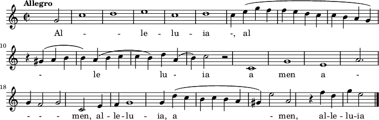 
\relative c' {
      \version "2.18.2"
      \key c\major
      \time 2/2
      \tempo "Allegro"
      s2 g'2 \melisma c1 d \melismaEnd e c d c4  e4 (g f  f e d c c b a g) r4  gis4 (a b b) a (b c c b) d a (b) c2 r2
c,1 g' e a2. g4 f2 g c, e4 f g1 g4 d' (c b c b a gis) e'2 a, r4 f'4 d g e2 \bar "|." }
      \addlyrics  {
      Al  -- le -- lu -- ia -, al -  le  lu - ia a  men a - - - - men, al -- le -- lu -- ia, a - men, al -- le -- lu -- ia
      } 
