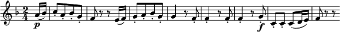 {\ relativ a '{\ nøgle f \ dur \ tid 2/4 \ delvis 8 a16 (\ p bes) |  c8 -. [a-.  bes-.  g-.] |  f8 rr e16 (f) |  g8 -. [a-.  bes-.  g-.] |  g4 r8 f-.  |  f4-.  r 8 f-.  |  f4-.  r 8 g-.  \ f |  c, 8-.  c-.  c (d16 e) |  f8 rr}}

