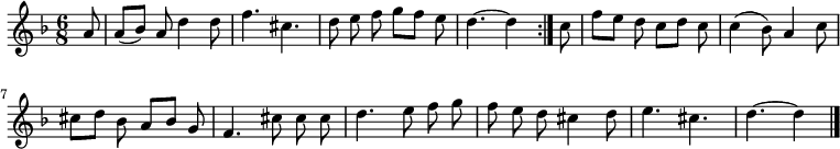 
\relative c'' {
  \key d \minor
  \time 6/8
  \partial 8
  \autoBeamOff
  \repeat volta 2 {
    a8
    a[( bes]) a d4 d8
    f4. cis
    d8 e f g[ f] e
    d4.~ d4
  } c8
  f[ e] d c[ d] c

  c4( bes8) a4 c8
  cis[ d] bes a[ bes] g
  f4. cis'8 cis cis
  d4. e8 f g
  f e d cis4 d8
  e4. cis
  d4.~ d4
  \bar "|."
}
