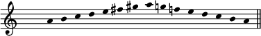 
\score {
  \relative c'' {
\clef G  
\time 15/4
\override Staff.TimeSignature #'transparent = ##t
\override Stem #'length = #0
a b c d e fis gis a g f e d c b a \bar "||" 
} % relative
\layout{
  indent = 0\cm
  line-width = #120
  \set fontSize = #-1
  \override Score.BarNumber #'break-visibility = #'#(#f #f #f)
} %layout
\midi { }
} %score
\header { tagline = ##f}
