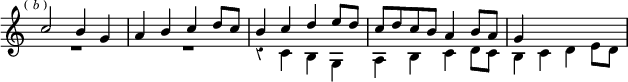 \relative c'' { \key c \major \time 2/2 \override Score.TimeSignature #'stencil = ##f \override Score.Rest #'style = #'classical \mark \markup \tiny { (\italic"b") } << { c2 b4 g | a b c d8 c | b4 c d e8 d | c d c b a4 b8 a | g4 } \\ { R1*2 r4 c, b g | a b c d8 c | b4 c d e8 d } >> }