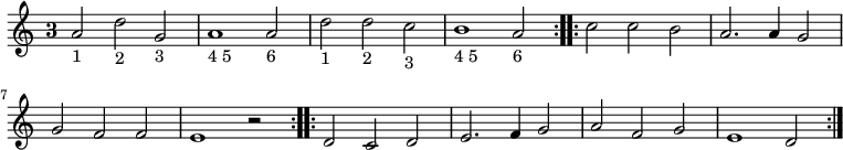 { \time 3/2 \override Staff.TimeSignature #'style = #'single-digit \relative a' { \repeat volta 2 {
  a2_"1" d_"2" g,_"3" | a1_"4 5" a2_"6" | d_"1" d_"2" c_"3" | b1_"4 5" a2_"6" }
\repeat volta 2 {
  c c b | a2. a4 g2 | g f f | e1 r2 }
\repeat volta 2 {
  d2 c d | e2. f4 g2 | a f g | e1 d2 } } }