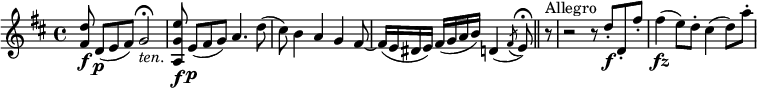 \ relativ d '' {\ key d \ major \ time 4/4 <d fis,> 8 \ fd, ([\ pe fis)] g2 \ fermata _ \ markup {\ italic "ten."  } <e 'g, a,> 8 \ fe, ([\ p fis g)] a4.  d8 (cis8) b4 ag fis8 ~ fis16 (e dis e) fis (gab) d, 4 (\ acciaccatura fis8 e8) \ fermata \ bar "||"  r8 ^"Allegro" r2 r 8 d'-.  \ fd,-.  fis'-.  fis4 (\ fz e8) d-.  cis4 (d8) a'-.  }