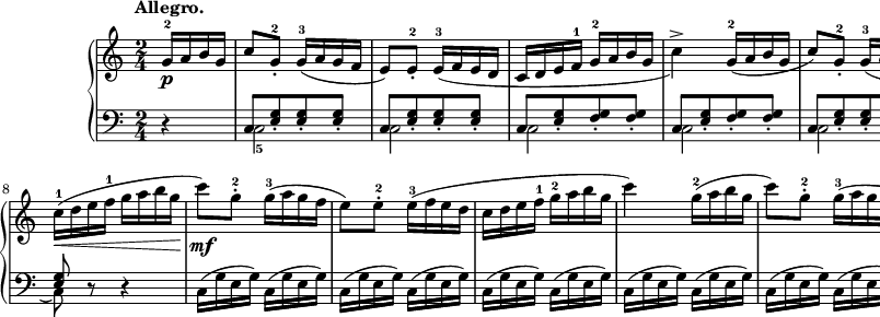 
sVarB = { r4 | << { \voiceOne c8[<e g>_. <e g>_. <e g>_.] | c8[<e g>_. <e g>_. <e g>_.] | c8[<e g>_. <f g>_. <f g>_.] | c8[<e g>_. <f g>_. <f g>_.] | c8[<e g>_. <e g>_. <e g>_.] | c8[<e g>_. <e g>_. <e g>_.] | c8[<e g> <f g> <f g>] | <e g>8 } \new Voice { \voiceTwo c2_5 | c2 | c2 | c2 | c2 | c2 | c2( | c8) } >> \oneVoice r8 r4 | c16([g' e g]) c,([g' e g]) | c,([g' e g]) c,([g' e g]) | c,([g' e g]) c,([g' e g]) | c,([g' e g]) c,([g' e g]) | c,([g' e g]) c,([g' e g]) | c,([g' e g]) c,([g' e g]) | c,([g' e g]) c,([g' f g]) | <c, e g>4 }

sVarA = { \partial 4 g16-2\p[a b g] | c8)[g-.-2] \slurDown g16-3([a g f] | e8)[e-.-2] e16-3([f e d] | c[d e f-1] g-2[a b g] | c4->) g16-2([a b g] | 
c8)[g-.-2] g16-3([a g f] | e8)[e-.-2] e16-3([f e d] | c[d e f-1] g[a b g]) | \slurNeutral c-1( \< [d e f-1] g[a b g]\! | c8)\mf[g-.-2] g16-3([a g f] | e8)[e-.-2] e16-3([f e d] | 
c[d e f-1] g-2[a b g] | c4) g16-2([a b g] | c8)[g-.-2] g16-3([a g f] | e8)[e-.-2] e16-3([f e d] | c[d e f-1] g-2[a b g] | c4) \bar "||" }

\paper { #(set-paper-size "a2") oddHeaderMarkup = \evenHeaderMarkup }
\header { tagline = ##f }
\version "2.18.2"
\score {
\midi {  }
\layout { line-width = #280
\context { \PianoStaff \consists #Span_stem_engraver } indent = 2\cm}
\new PianoStaff <<
  \new Staff { \clef 
"violin" \key c \major \time 2/4 \tempo \markup { \bold "Allegro." } \relative f' { \sVarA } }
  \new Staff { \clef "bass" \key c \major \time 2/4 \relative c { \sVarB } }
>> }