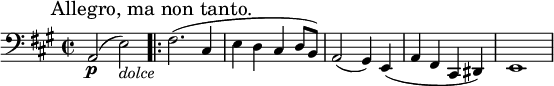 \relative c
{ 
\set Staff.midiInstrument = #"cello"
\key a
\major
\time 2/2 
\clef bass
a2\p ( e'2)_\markup { \italic "dolce" } \mark "Allegro, ma non tanto." 
\set Score.repeatCommands = #'(start-repeat)
fis2.( 
cis4 e d cis d8 b)
a2( gis4) e(
a fis cis dis)
e1( 
}
