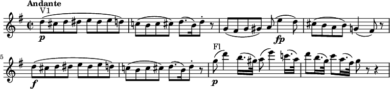 
<< \new Staff
 \relative c'' {
 \version "2.18.2"
 \key g \major 
 \tempo "Andante"
 \time 2/2
 \tempo 4 = 80
 d8\p ^\markup {V1} (cis d dis e dis e d)
 c! (b c cis) d8. (b16) d8-. r
 g, (fis g gis) a (e'4\fp d8)
 cis (b a b) g!4 (fis8) r
 d'8\f (cis d dis e dis e d)
 c! (b c cis) d8. (b16) d8-. r
 g\p ^\markup {Fl} (d'4) b16. (gis32) a8 (e'4) c!16. (a32)
 d8 b16. (g32) c8 a16. (fis32) g8 r r4
}
>>
