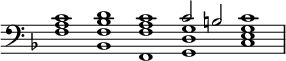 { \override Score.TimeSignature #'stencil = ##f \time 5/1 \key f \major \clef bass << { c'1 d' c' c'2 b c'1 | } \\ { <f a >1 <bes, f bes > <f, f a> <g, d g> <c e g> } >> }