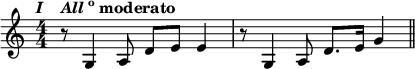 
\language "italiano"
\score {
  \relative do' {
    \numericTimeSignature
    \time 4/4 \tempo \markup { \italic "I    All"\super"o" "moderato" } 
    r8 sol4 la8 re[ mi] mi4 | r8 sol,4 la8 re8.[ mi16] sol4 \bar "||"
  }
  \layout {
    \context { \Staff \RemoveEmptyStaves }
    indent = 0\cm
    line-width = #120
    \override Score.BarNumber #'stencil = ##f
  }
}
\header { tagline = ##f}
