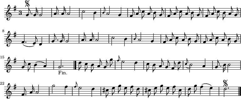 
\relative c'' {
  \key g \major
  \override Staff.TimeSignature #'style = #'single-digit
  \time 3/4
  \autoBeamOff
  g8.\segno g16 g2
  a8. a16 a2
  c2 b4
  \grace b8 a2 g4
  fis8 a c a b g
  fis a c a b g
  fis a c b a g

  % tourne

  fis4.( e8) d4
  g8. g16 g2
  a8. a16 a2
  c2 b4
  \grace b8 a2 g4
  fis8 a c a b g
  fis a c a b g
  g c b4( a)

  g2._"Fin." \bar "|."
  d'8 c b a g g'
  \grace fis8 e2 d4
  c8 b a g fis d'
  \appoggiatura c b2 a4
  g8. b16 b2
  fis8. a16 a2
  g'2 fis4

  \grace fis8 e2 d4
  cis8 e g e fis d
  cis e g e fis cis
  d g fis4( e)
  d2.\segno
  \bar "|."
}
