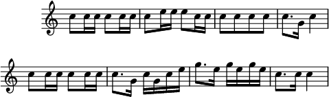 
\language "italiano"
\relative do'' {
  \override Staff.TimeSignature #'stencil = ##f
  \time 2/4
  \clef treble 
  \override Stem.direction = #DOWN
  do8 do16 do do8 do16 do | do8 mi16 mi mi8 do16 do | do8[ do do do] | do8. sol16 do4 | \break
  do8 do16 do do8 do16 do | do8. sol16 do sol do mi | sol8. mi16 sol mi sol mi | do8. do16 do4 |
}
\header { tagline = ##f}
\paper {
  % indent = 0
  line-width = #120
}
\layout {
  \context {
    \Score
    \omit BarNumber
    % or:
    %\remove "Bar_number_engraver"
  }
}
