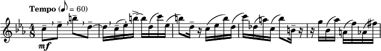  \relative c'' { \clef treble \key c \minor \time 4/8 \tempo "Tempo" 8 = 60 c8--[\mf \breathe ees--] \breathe b'--[ \breathe d,--~] | d16[ \breathe c(-- ees-.) b'->~] b[ d,( c') ees,(] | b'8) d,16-- r c( ees b') d,( | c') des,( a') c,( bes'8) b,16-- r | r g' bes,( aes') a,( f') aes,( fis') } 