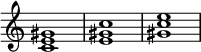 \new Zaměstnanci \with {\remove "Time_signature_graver"} { < c' e' gis' >1 < e' gis' c'' >1 < gis' c'' e'' >1 }