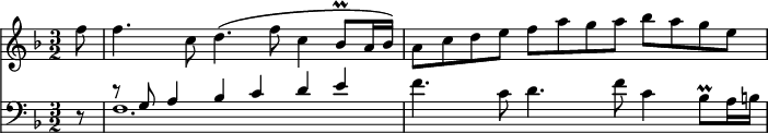 { \time 3/2 \key f \major \partial 8 << \relative f'' { f8 f4. c8 d4.\( f8 c4 bes8\prall a16 bes\) | a8 c d e f a g a bes a g e | }
\new Staff { \clef bass \key f \major \relative g { r8 | << { r g a4 bes c d e } \\ { f,1. } >> f'4. c8 d4. f8 c4 bes8\prall a16 b } } >> }