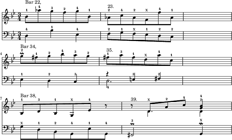 { \time 3/4 \key g \minor << \relative b' { bes8-1^"Bar 22," aes'-4 g-3 f-2 g-4 bes,-1 | aes-2^"23." c-4 aes-2 f^x f'-4 aes,-1 | s2. | \break
g'8\prall-2^"Bar 34," fis-1 g-2 bes-4 a-3 g-2 | fis-1^"35." a-3 fis-1 d^x a'-4 c,-1 | s2. | \break
bes,8-1^"Bar 38," d-3 bes-1 g^x ees'-4 r | \mergeDifferentlyDottedOn r^"39." << { d^x a'-2 c-4 <bes^4 g^2>4 | } \\ { d,4. d4 } >> }
\new Staff { \clef bass \key g \minor \relative d { d4-4 bes'-1 ees,-4 | f8-2 g-1 f^x ees-1 d-2 c-2 | s2. | ees4-1 d-2 c-3 << { r e-3 fis-2 } \\ { d2.-4 } >> | s2. | \stemDown g8^x d-1 bes-2 g-4 ees'-1 g,-4 | \stemNeutral fis2\prall-3 g4\mordent^x } } >> }