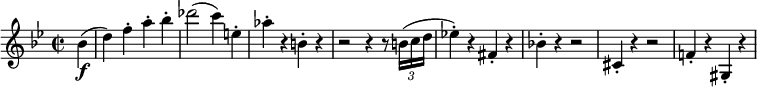 
\relative c'' {
 \key g \minor
 \time 2/2
 \set Staff.midiInstrument = #"violin"
 \set Score.tempoHideNote = ##t \tempo 2 = 120
 \partial 4 bes\f( |
 d4) f-. a-. bes-. |
 des2(c4) e,-. |
 as4-. r b,-. r |
 r2 r4 r8 \times 2/3 { b16( c d } |
 es!4-.) r fis,-. r |
 bes!4-. r r2 |
 cis,4-. r r2 |
 f!4-. r gis,-. r |
}
